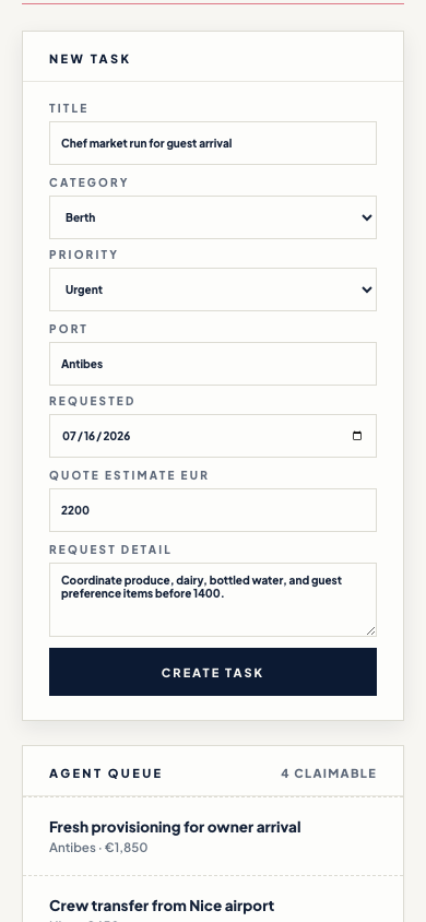 Step 1 of 13, phone screen. A head of department fills in a new request: title, category, port, date and estimate.
