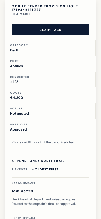Step 3 of 13, phone screen. The approved job opens for the port agent, who takes it with Claim Task.