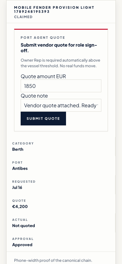 Step 4 of 13, phone screen. The port agent enters a quote amount and a note and submits the quote for sign-off.