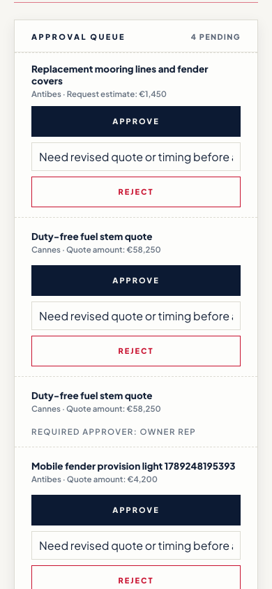Step 6 of 13, phone screen. The captain's approval queue, giving the quote its final approval.