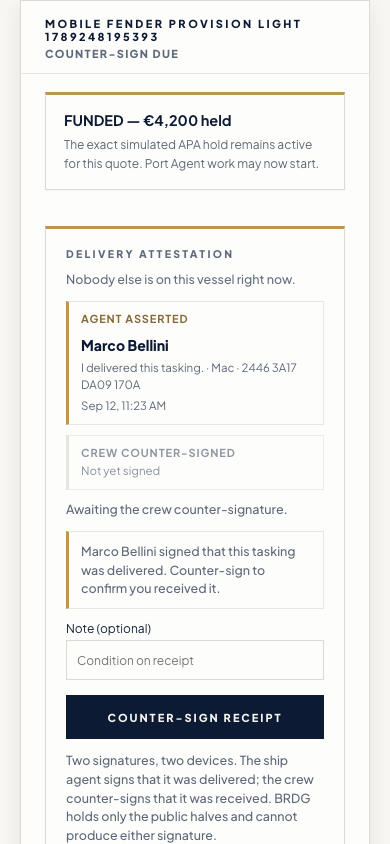 Step 9 of 13, phone screen. The agent's signed delivery is shown and the crew member counter-signs to confirm receipt.
