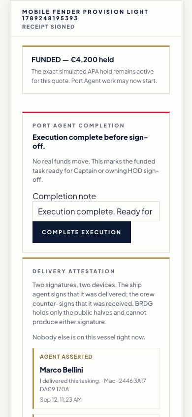 Step 10 of 13, phone screen. Both signatures are on the record and the agent marks the work complete.