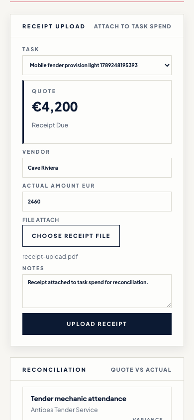 Step 12 of 13, phone screen. The agent attaches the vendor's receipt and the actual amount to the job.