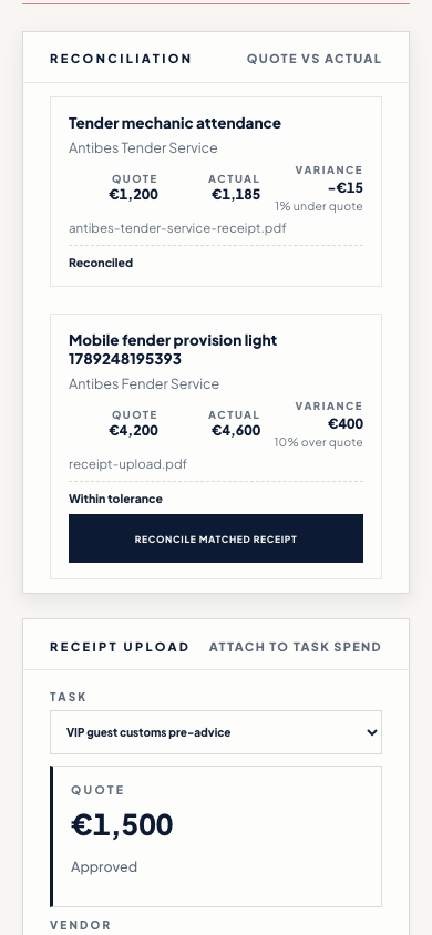 Step 13 of 13, phone screen. Quote and actual side by side; the receipt is reconciled within the vessel's tolerance.